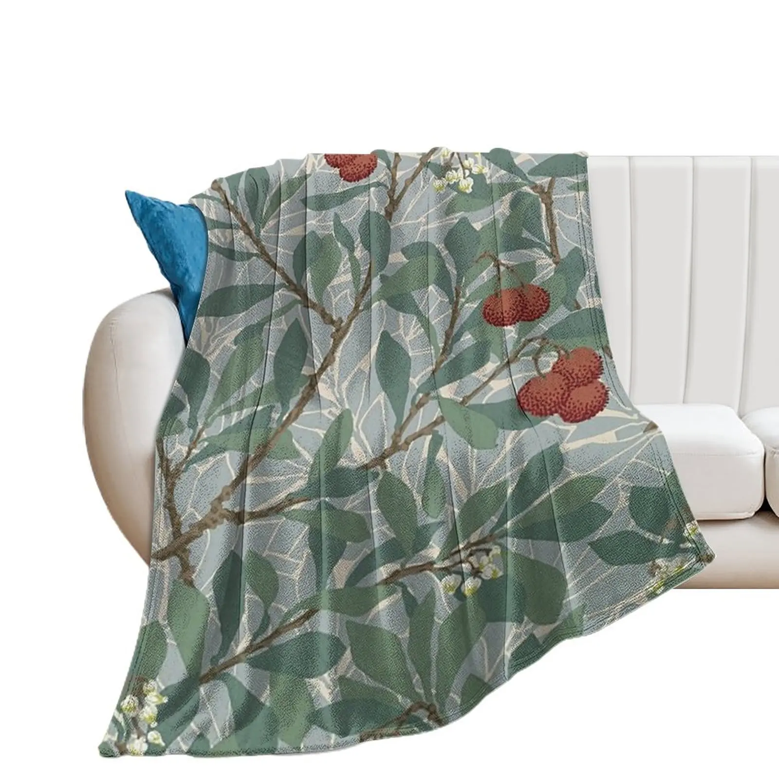 

William Morris Green And Red Arbutus Pattern-Vintage Botanical Leaves -Victorian Wallpaper, Throw Blanket anime Thermal Blankets