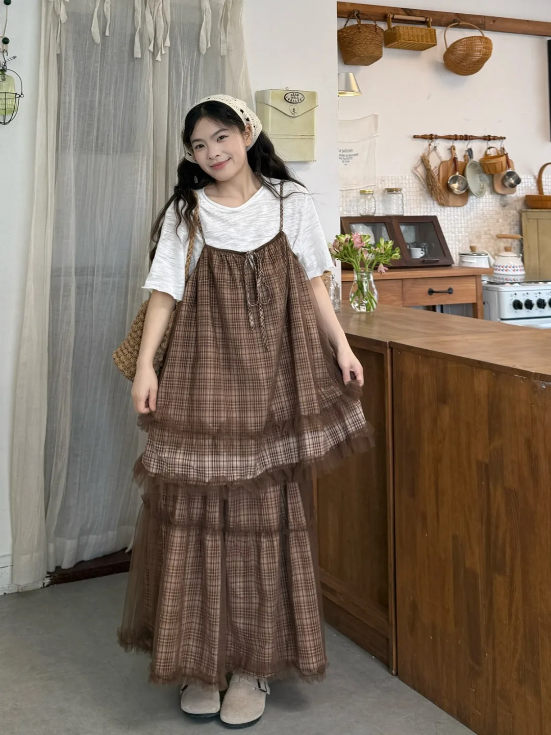 

plus Size Women's Retro Japanese Plaid Lace Halter Top High Waist Midi Skirt Summer New Style Fashion Set Korean Loose Fit Br...