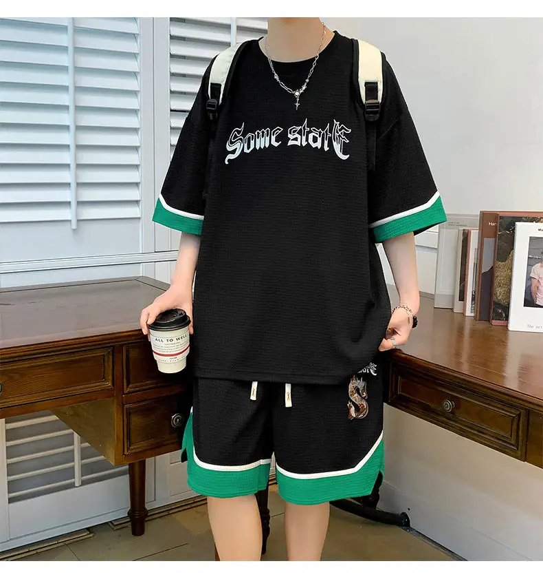 Waffle Set Men's Summer Sports Casual Loose Tide Ins Handsome Short Sleeve t-shirt Shorts Two Piece Set