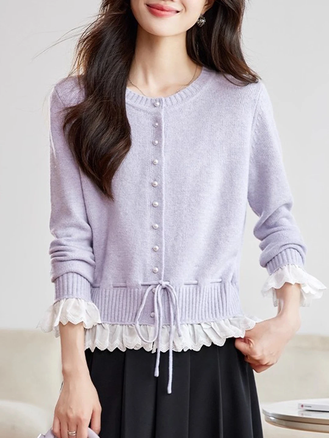 

Французский вязаный свитер с жемчужными пуговицами для женщин, ранняя осень, с кружевными вставками, свободный вязаный кардиган, мягкий топ с круглым вырезом