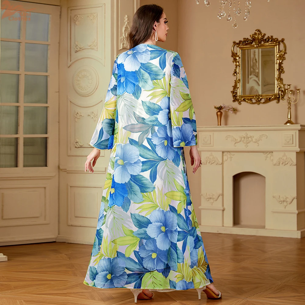 2025, Dubai-Stil, muslimisches Damen-Abaya-Kleid, modischer Druck, Patchwork, lose Pailletten, bescheidene lange Robe, Abendgala