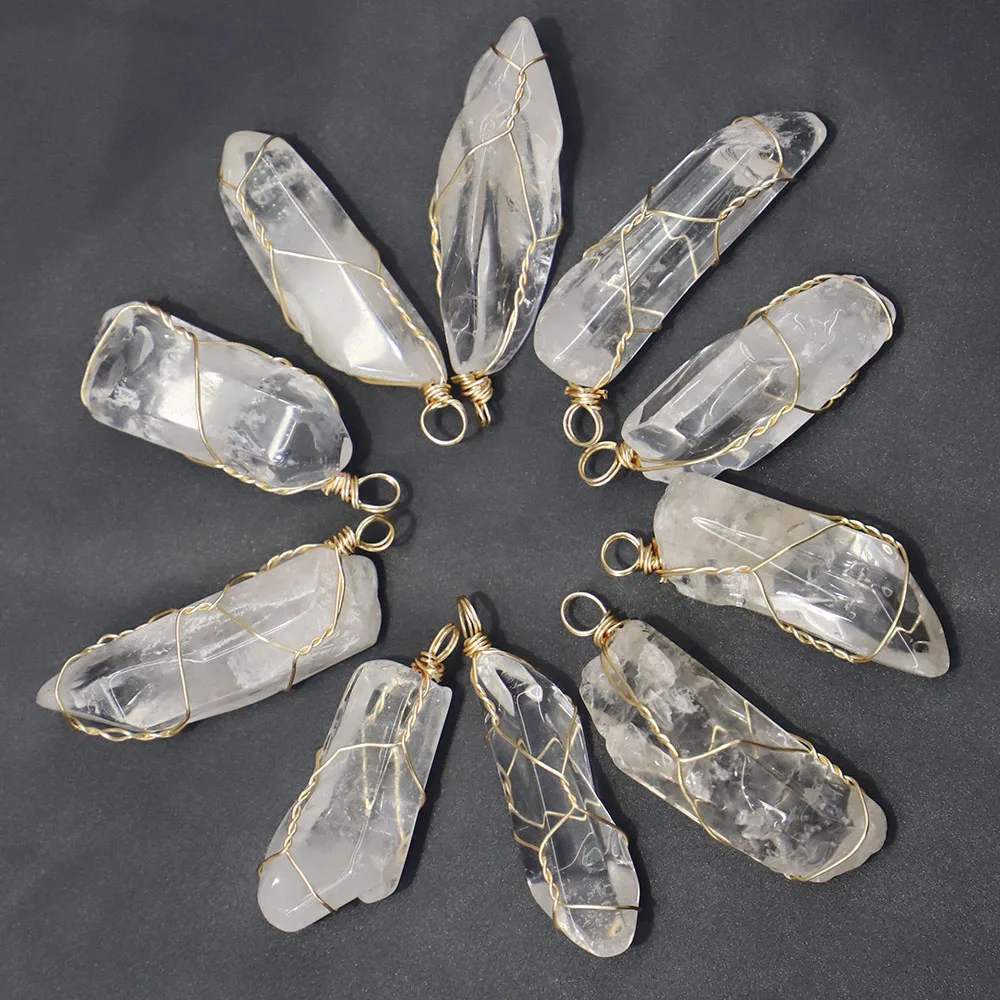 Natural White Crystal Column Irregular Pendant Wrapped Silk Energy Raw Stone Necklace DIY Jewelry Accessories Wholesale 10Pc/Lot