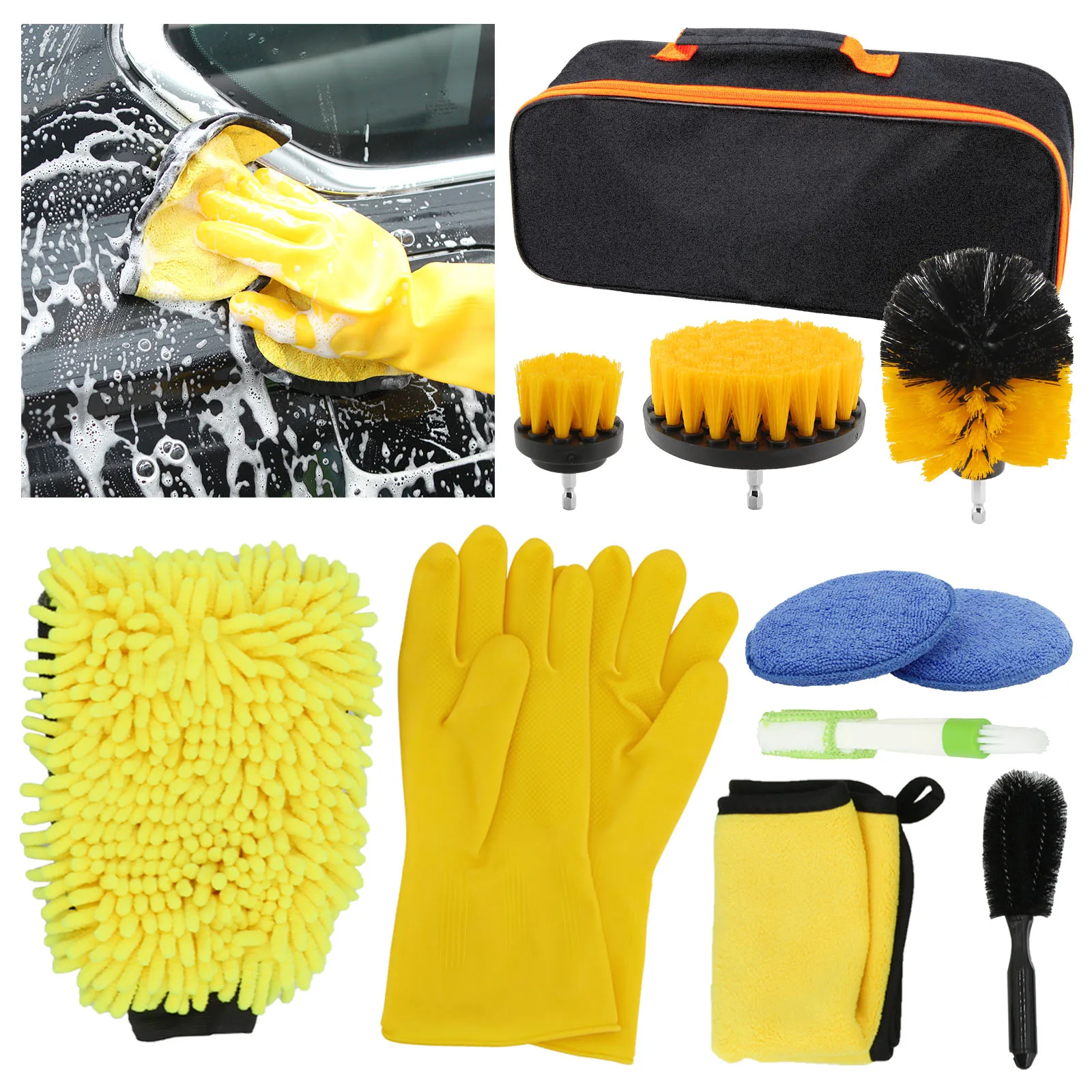 Car Wash Cleaning Tool Kit Car Tire Wheel Brush Chenille Wash Sponge Microfiber Towel Cloths With With Storage Bag 8pcs