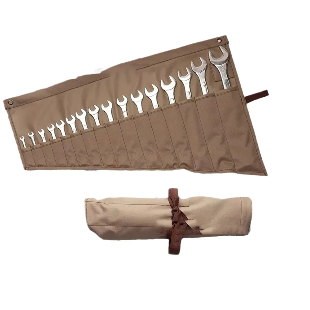  Waxed Canvas Tool Roll Bag Multi-Purpose Spanner With 16 Pockets Wrench Storage Bag For Storing Tools Equipment