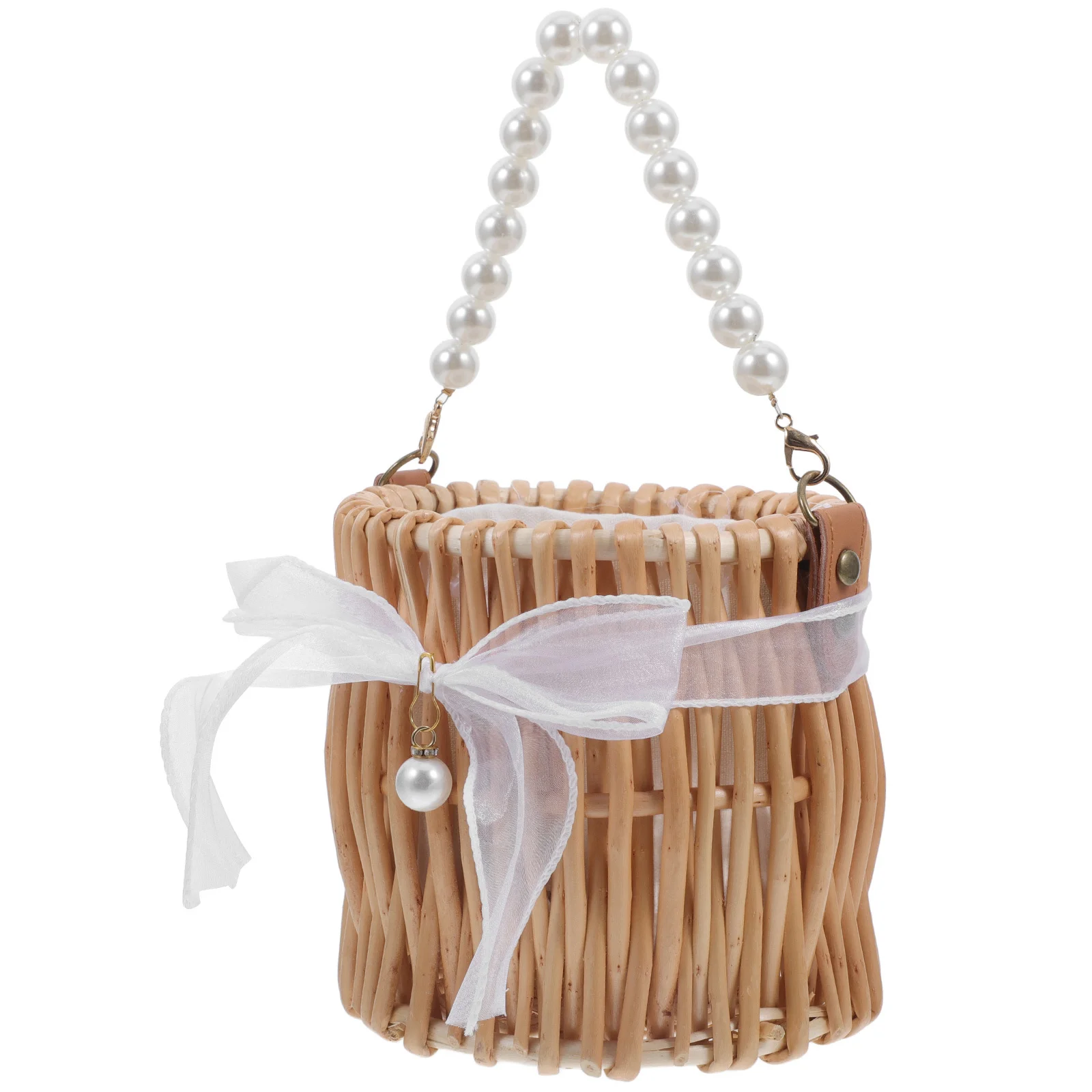 

Woven Basket Imitation Pearl Handle Bowknot Decor Fruit Vegetable Storage Basket Rustic Picnic Flower Gathering