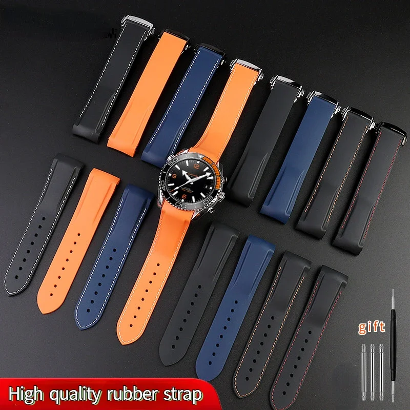 8 Color Curved End Rubber Silicone WatchBand 20mm 22mm For Omega Seamaster 300 A quarter orange Soft Speedmaster Strap Brand