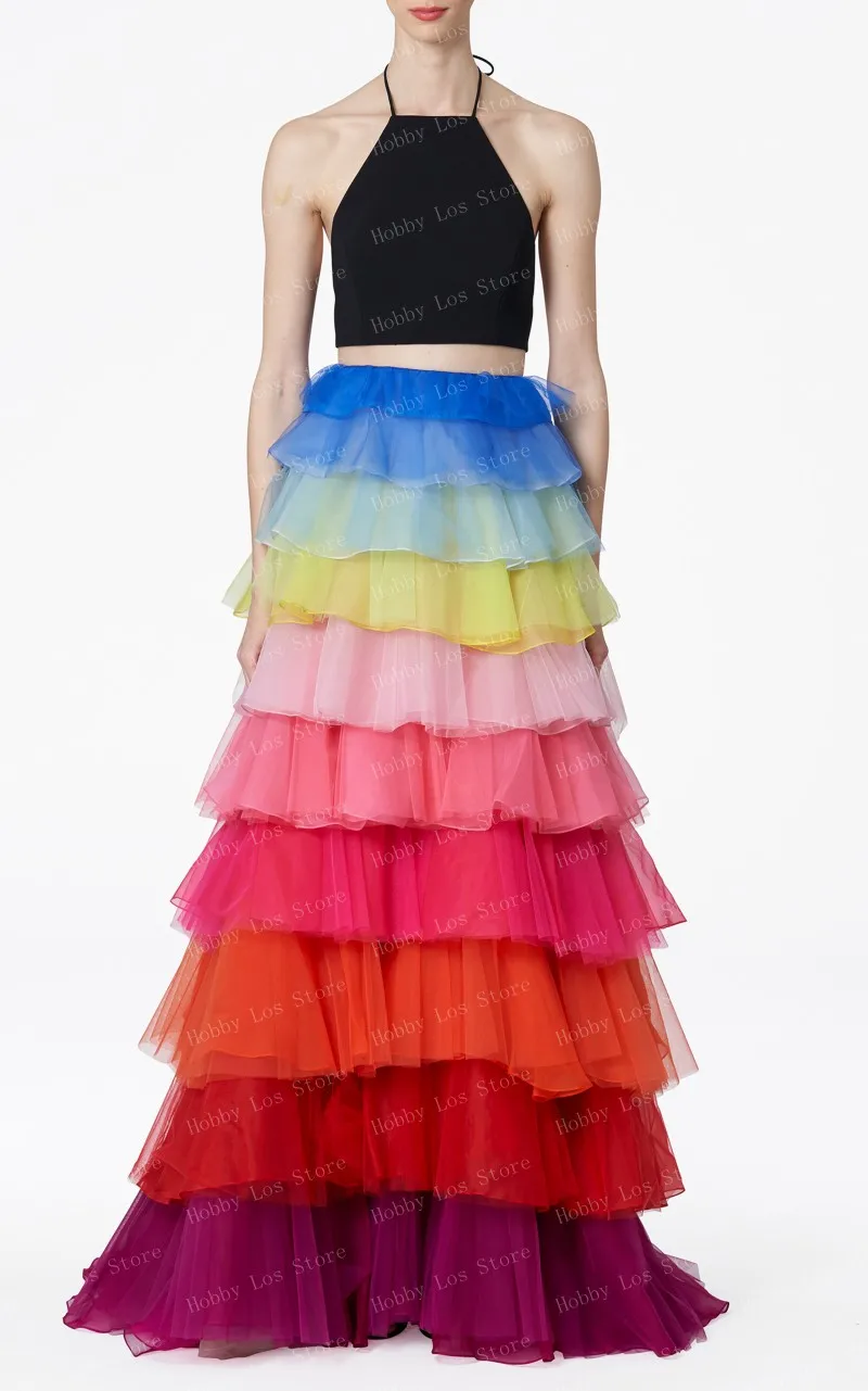 Rainbow Tulle Ball Gown Layered Chiffon Party Skirt A-line Ruffled Long Woman Clothes Colorful Elegant Event Skirts Ever Pretty