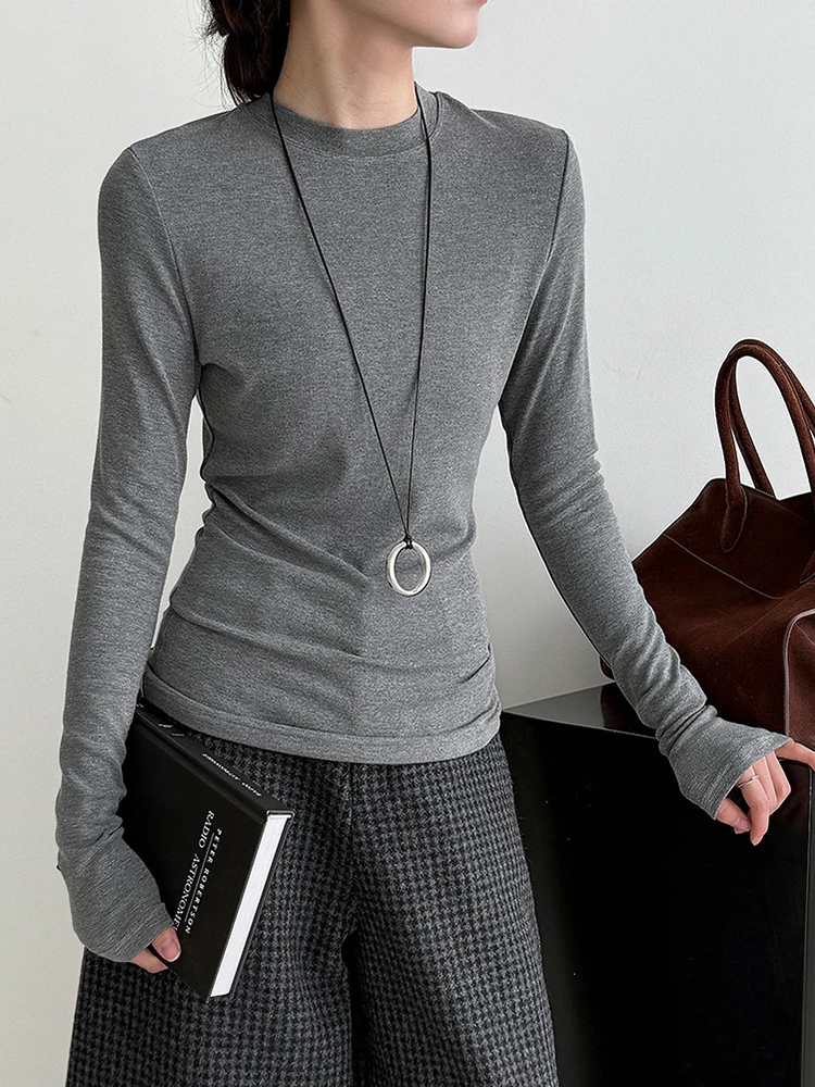 Women Apricot Brief Plain Color Slim Elegant T-shirt New Round Neck Long Sleeve Fashion Tide Spring Autumn