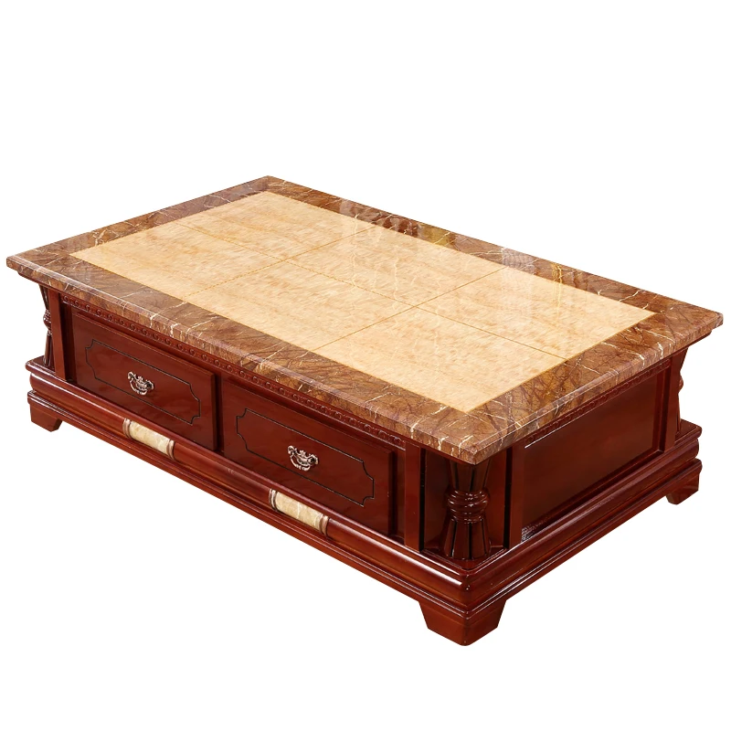Solid wood natural marble coffee table TV cabinet European marble coffee table TV cabinet Classic solid wood coffee table