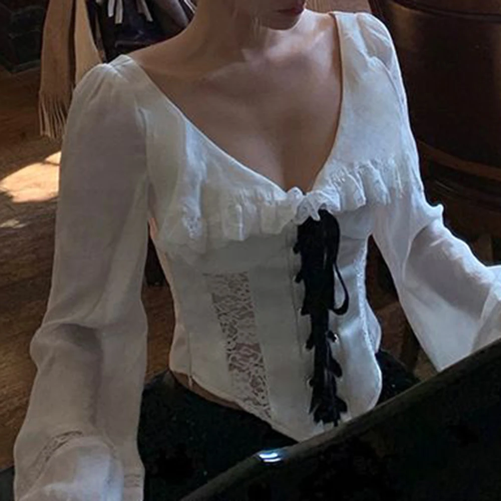 

To Alice Vintage Complex Craft Lace Stitching Horn Sleeve Lace-Up Shirt shirts for women ropa de mujer