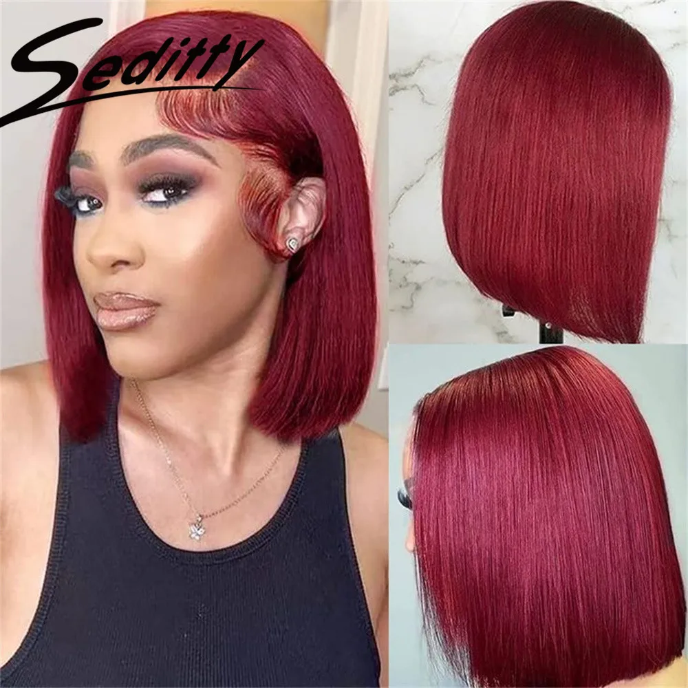 

99J Burgundy Short Bob Wig Human Hair 13x4 Lace Front Wig Brazilian Straight Red Color Wigs Ready to Wear For Women