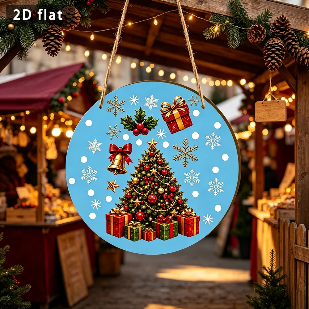 Christmas Wooden Round Hanging Sign, Christmas Tree Gift Bell Door Plaque, 2D Flat Printed Holiday Wall Home Decor Ornament