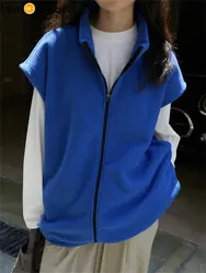 HanOrange 2024 Spring Polar Fleece Stand Collar Vest Women Loose Warm Sports Sleeveless Jacket Top Female Black/Blue