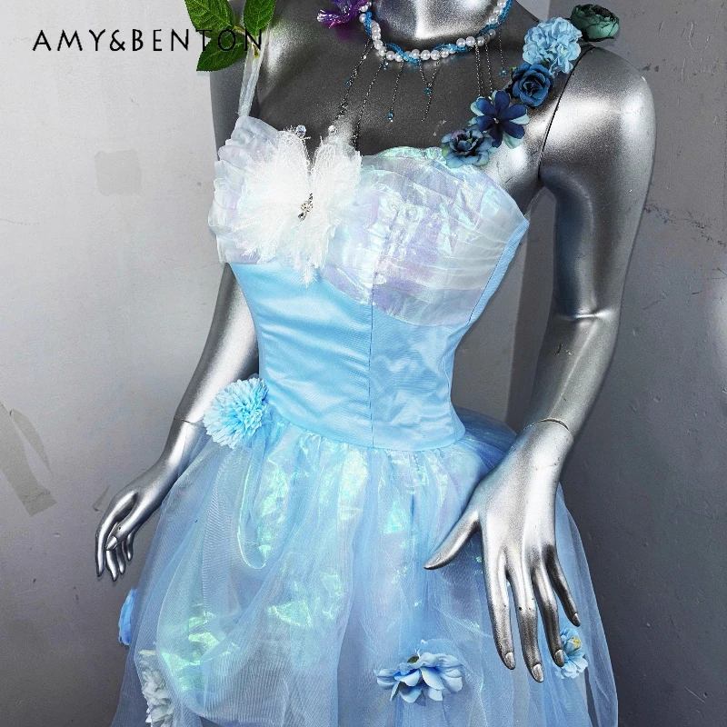 

Original Design Blue Sparkling Puffy Women's Tube Top Dress Punk Gothic 2025 Autumn New Sweet Cool Wedding Dresses Gown Ladies