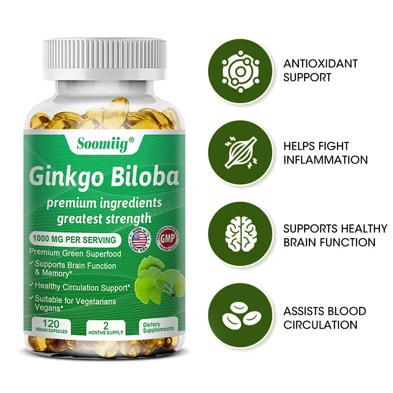 Soomiig Ginkgo Biloba Universal Brain Health Dietary Supplement, 1000 Mg, 120 Veggie Capsules - Improves Memory, Concentration