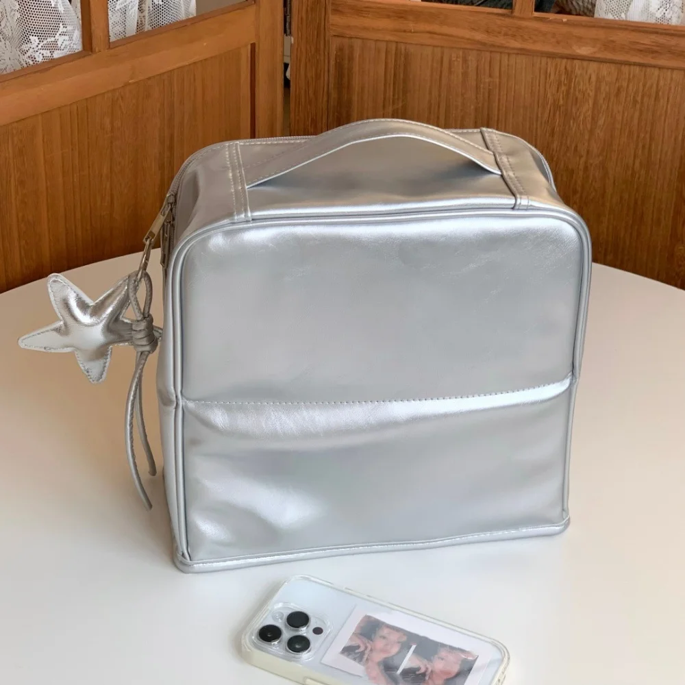Women Premium Texture Silver Square Makeup Bag Portable Cosmetic Organizer Large Capacity Travel Toiletry Bag