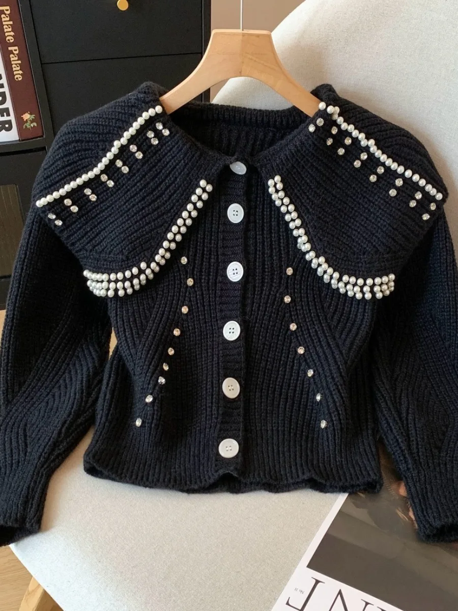

Heavy Embellied Diamond Collar Sweater Jaet Women's ort Knitted Cardigan Fall Winter Original Design Slim Fit Button De...