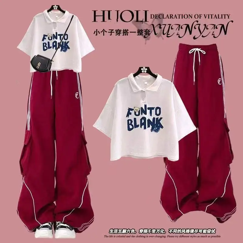 

POIO Collar Short Sleeved T-shirt+high Waisted Work Pants Handsome Two-piece Set Summer Loose Print Set for Women