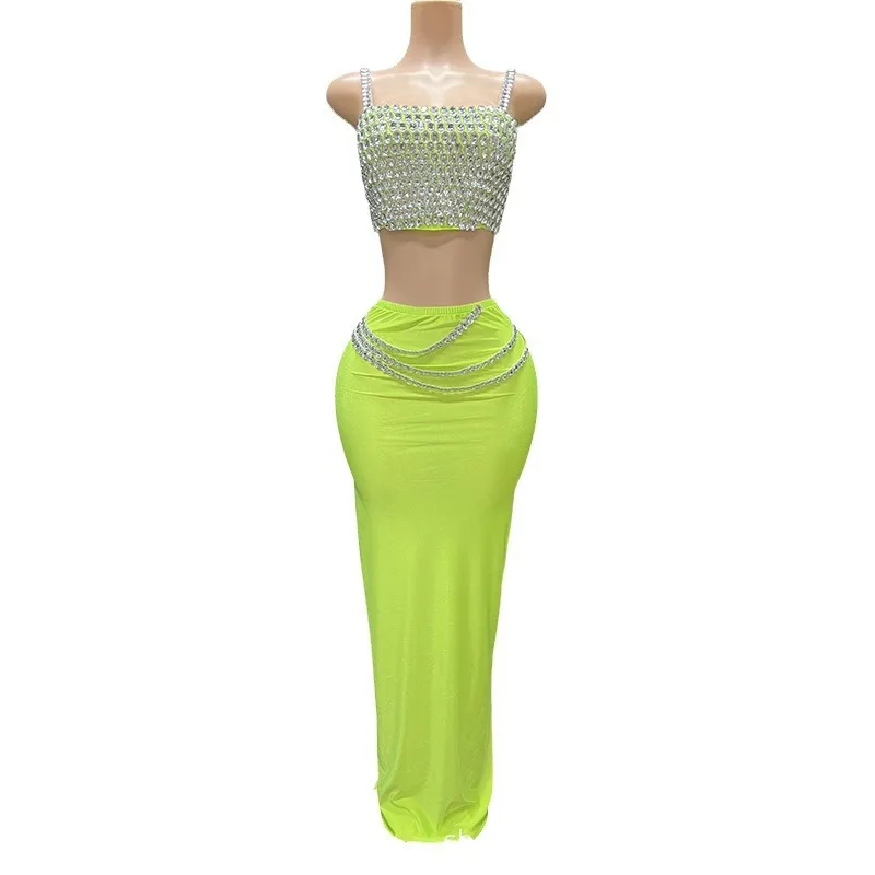 

Fluorescent Green Personality White Birthday Light Luxury Dress Concert Girl Group Singing Clothes Studio Exhibition Hall Dress