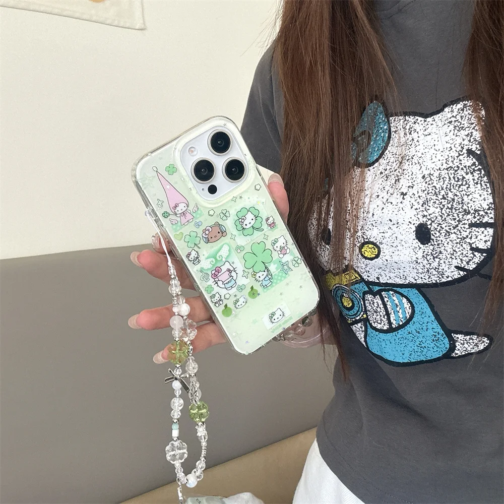 

Cute cartoon phone case with chain for iPhone 15 Pro 13 14 16 Pro Max cover for girls new Hello Kitty shockproof protective Case