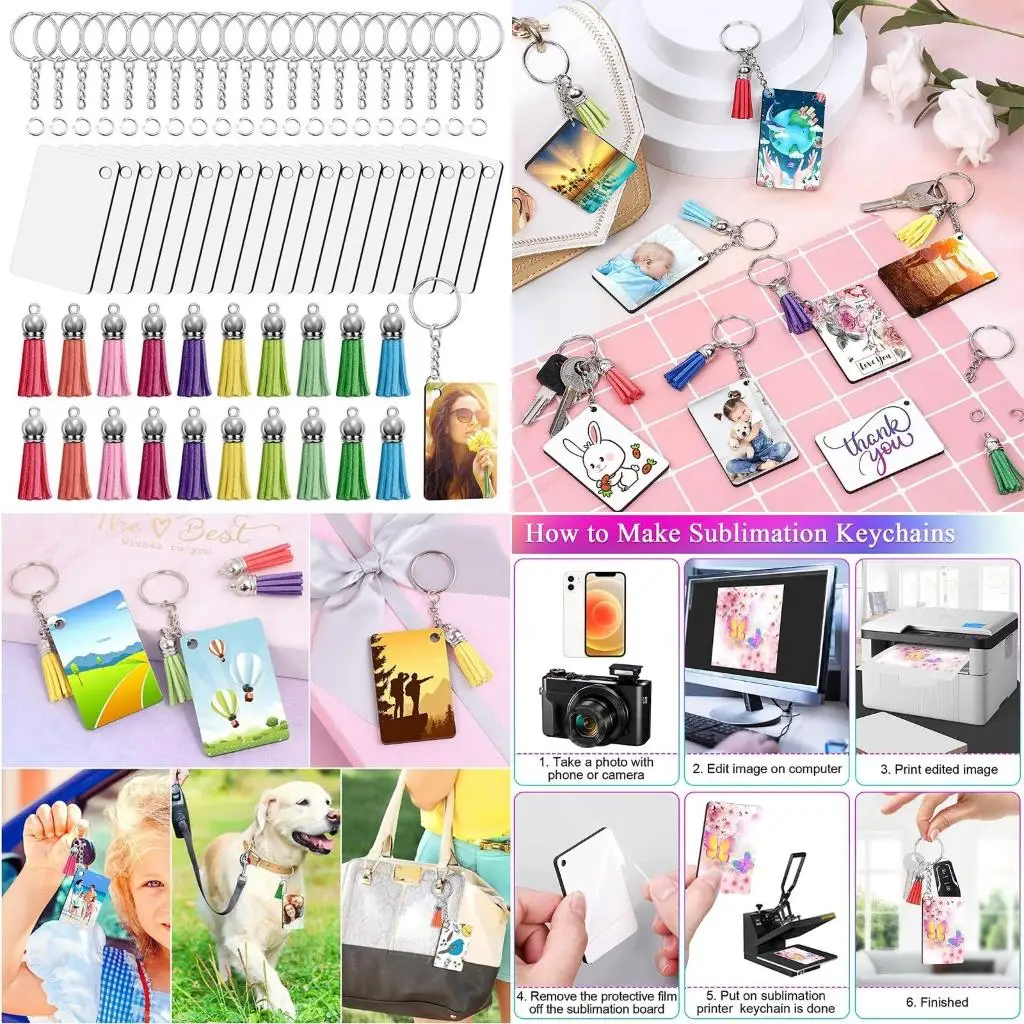 80 Pieces Sublimation Blank Products Batch Heat Press Transfer Double-sided Printing Keychain Blank Tassel for Key Ring