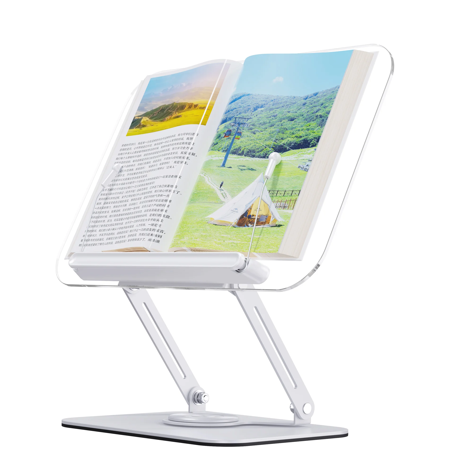 R22 Acrylic Book Page Holder With Hidden Clip Carton Steel Base Rotatable Height Adjustable Reading Book Stand