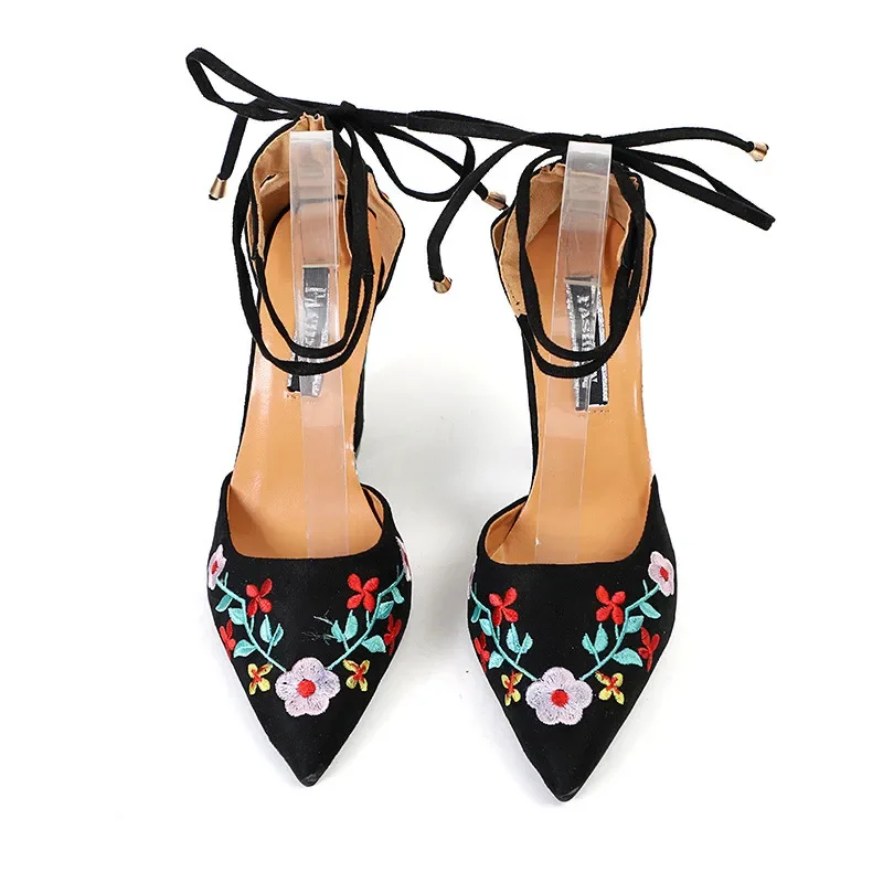 MVVJKE  Plus Size Embroidered High Heels Pumps Flower Ankle Strap Shoes Woman Two Pieces Sexy Party Wedding Pointed ToeE056