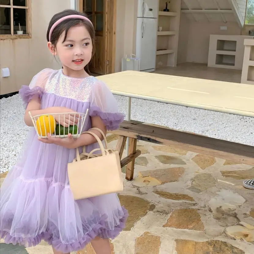 TuTu Gilr Purple Dress Summer New Short Sleeve Sequins Patchwork Bow Dress Children Elegant Mesh Dress Kids Party Dress Wz697