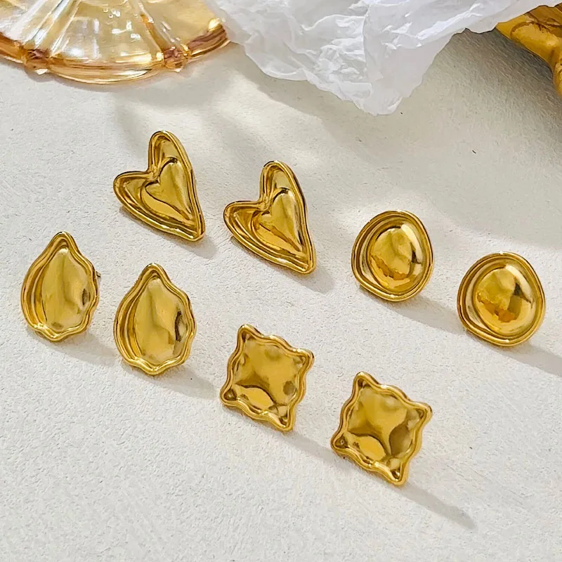 DLHP Irregular Stainless Steel Concave Heart Waterdrop Earrings for Women Glossy Gold Color Statement Charms Waterproof Jewelry