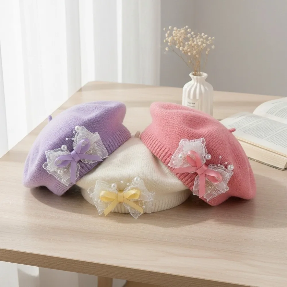 New Red Color Chirldren's Knit Cap Lace Bow Decor Soft Fabric Kid Headwear Warm Lining Knitted Beret For Toddler Girls