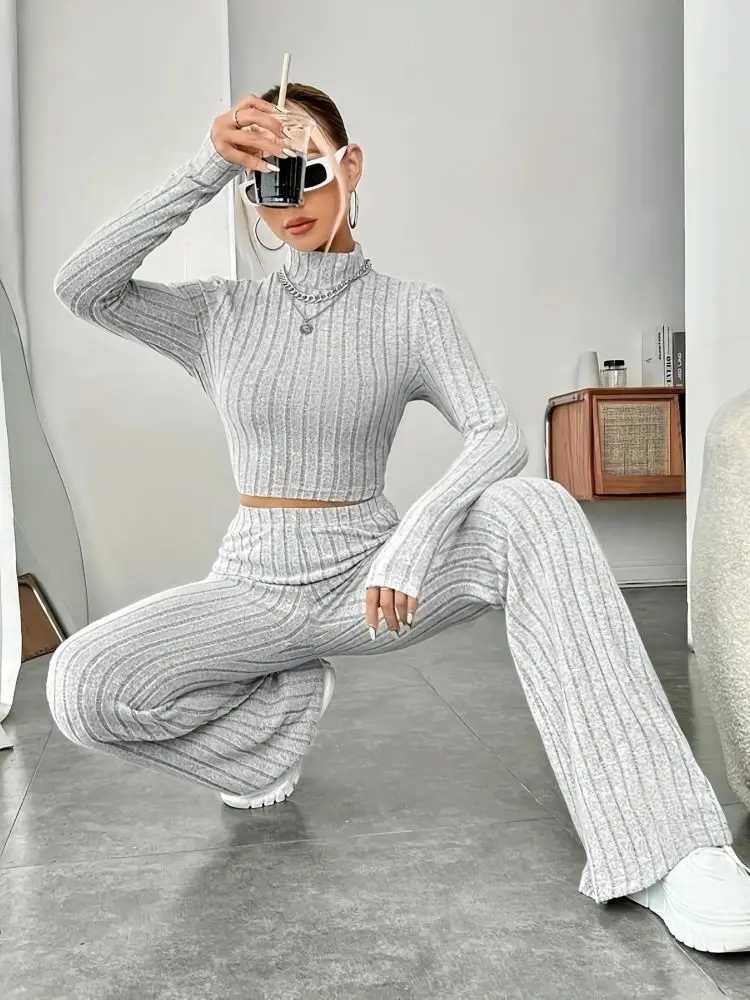 2025 Beige Western Style Knitted Fashion Suit Women New Korean Split Black Sweaters Wide Leg Pants Lady Casual Two-piece Sets