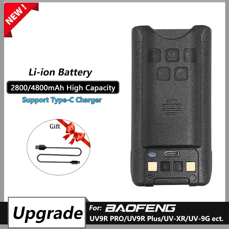 Baofeng UV-9R Plus Battery 2800/4800mAh UV9R Pro V2 Enlarge Li-ion Battery Type-C Charging BL-9 For UV9R Pro GMRS-9R UV-9G Radio