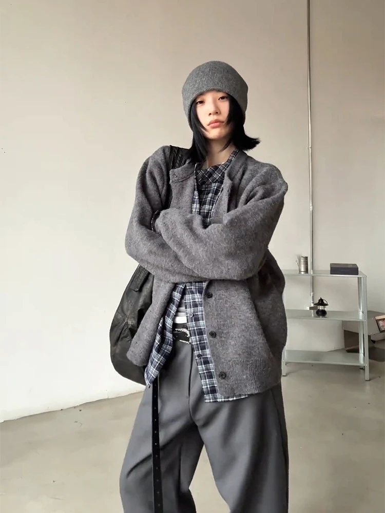 

ay Plaid Splice Fake Two-Piece Knitwear Men's Sle Autumn Winter Lazy Old Money Sle Open Cardigan Outerwear Layering Swe...