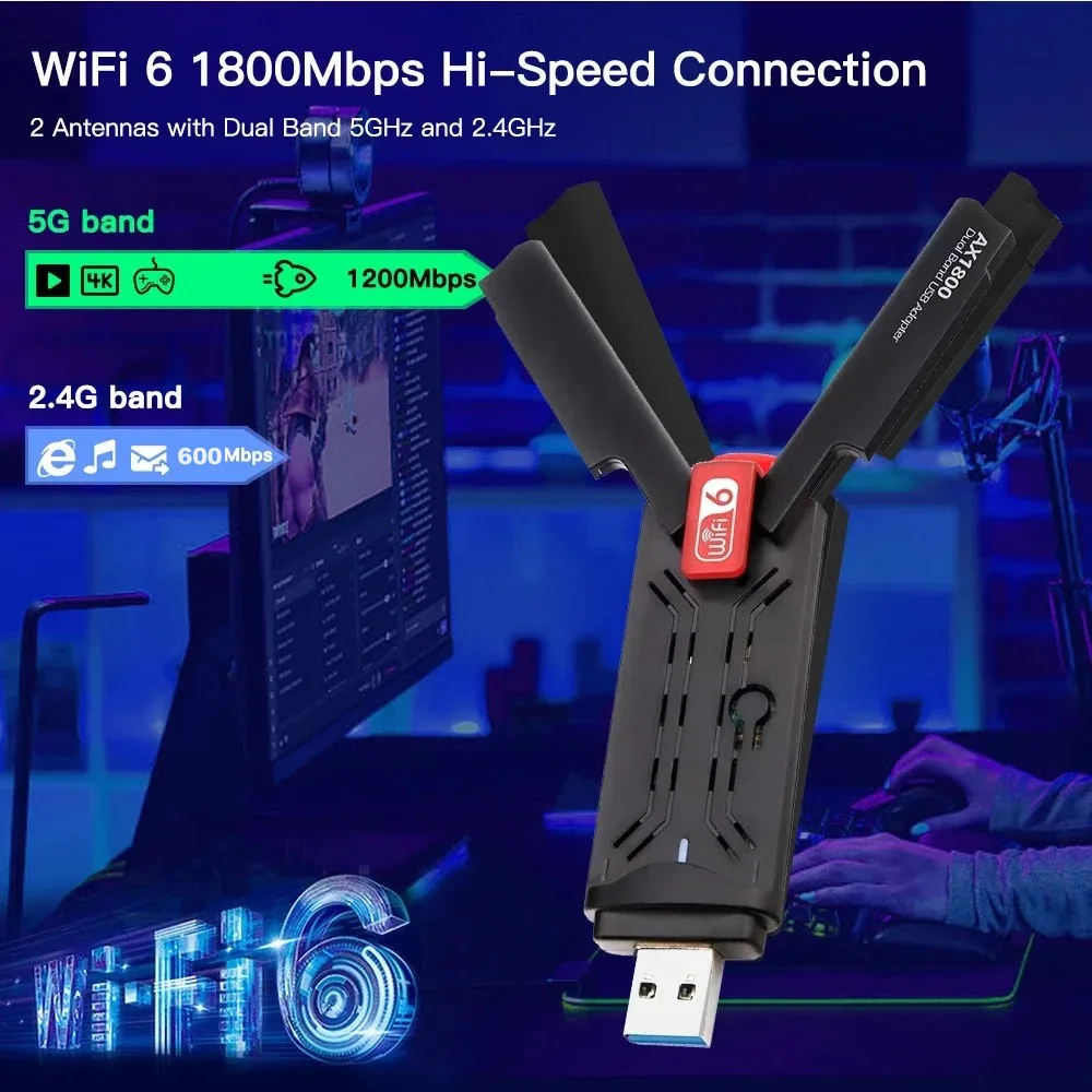

AX1800 WiFi 6 USB Adapter Driver-Free 1800Mbps Dual-Band 2.4G/5GHz Wireless Network Card USB 3.0 WiFi6 Dongle for Windows 10/11