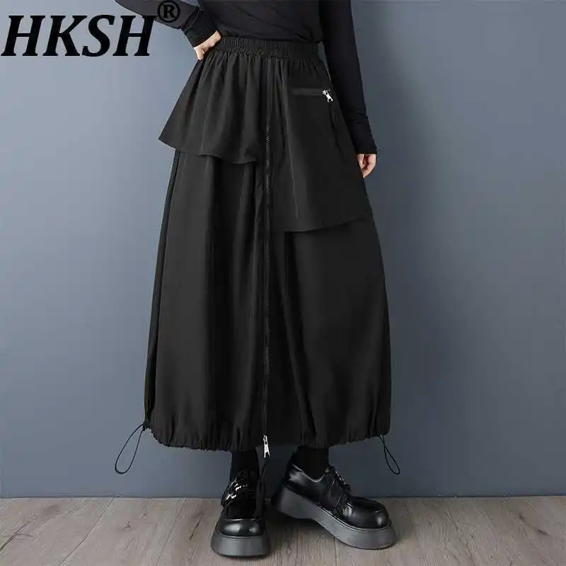 HKSH Spring Autumn New Women's Skirt Elastic Waisted Asymmetric Large Pocket Drawstring Hem Versatile Dark Casual Skirts HK16163