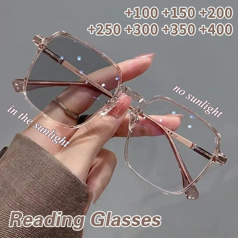 Photochrome Lesebrille für Damen, modische Presbyopie-Brille, großer Rahmen, ultraleichte Anti-Blaulicht-Brille