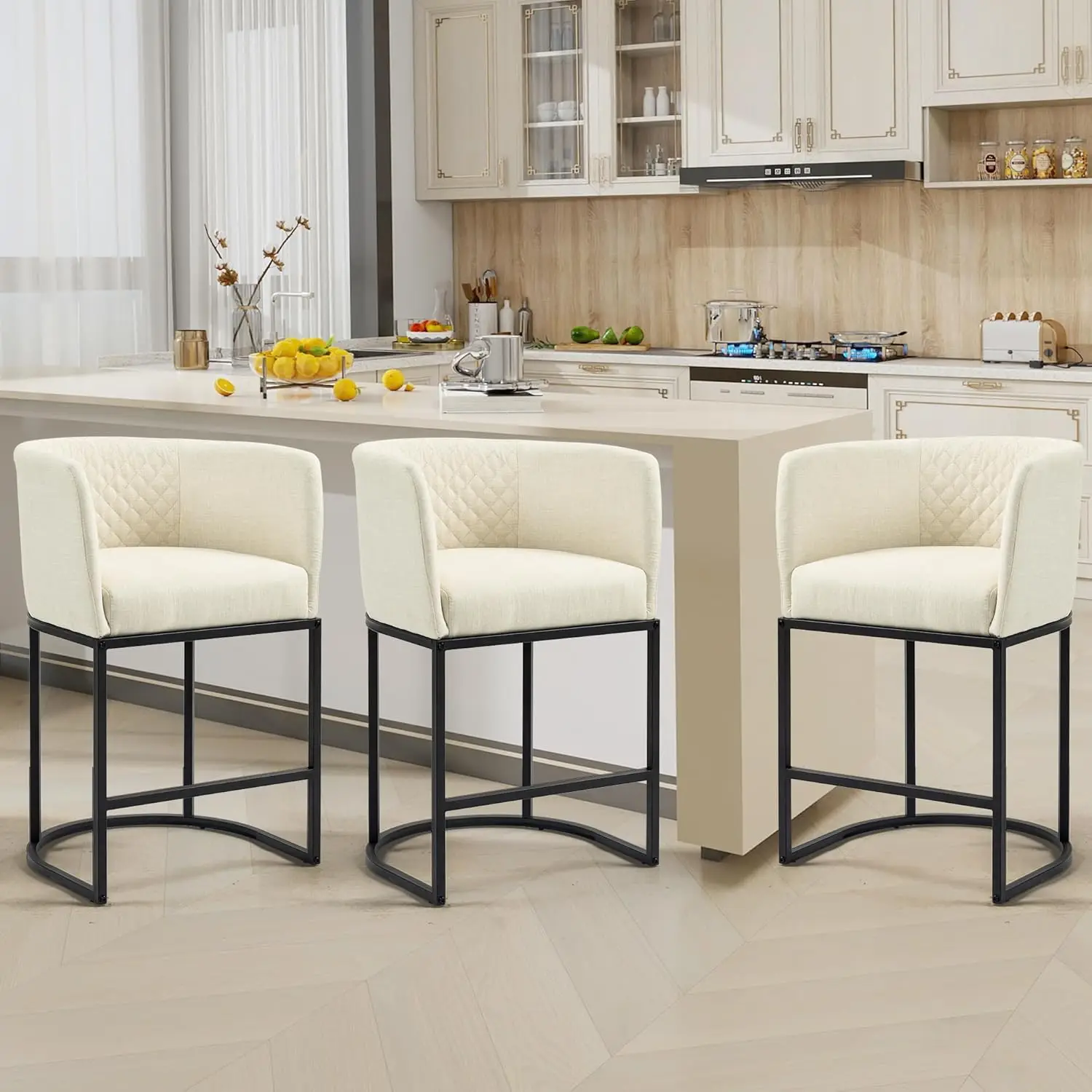 Ecotouge 26"" Modern Bar Stools Set Of 3, Barrel Counter Stools With Curved Back & Arms, Linen Fabric Upholstered Island Stools