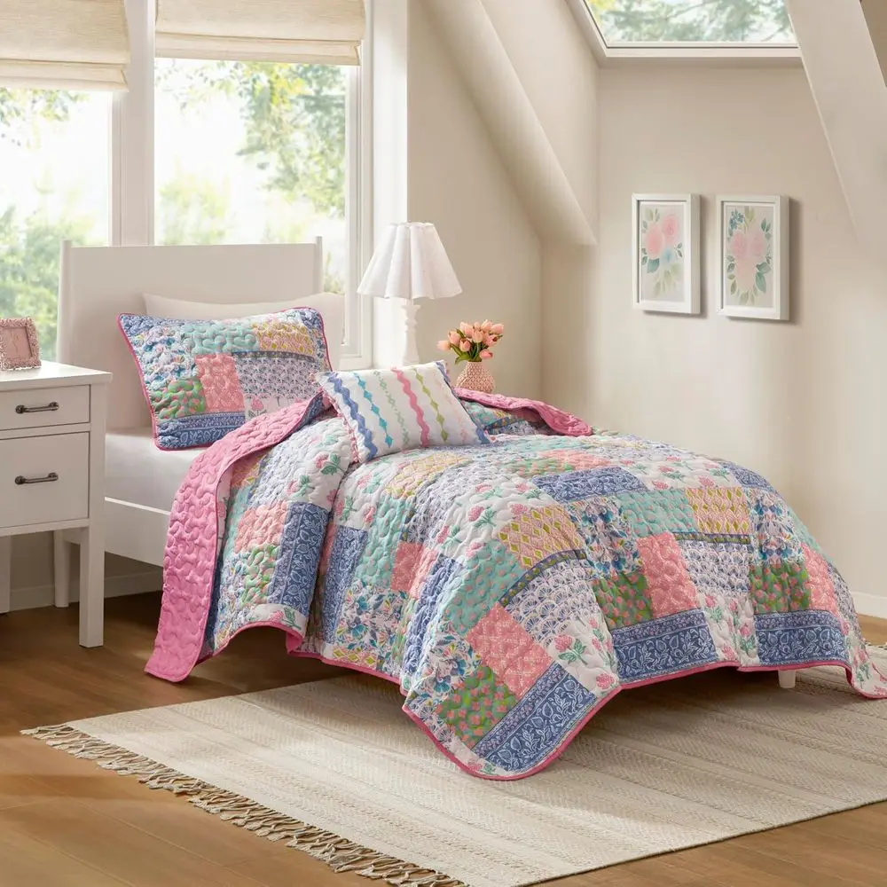 

Pink Patchwork Quilt Set for Twin/Twin XL Beds, Reversible Boho Style Coverlet with Sham and Pillow for Teen Girls