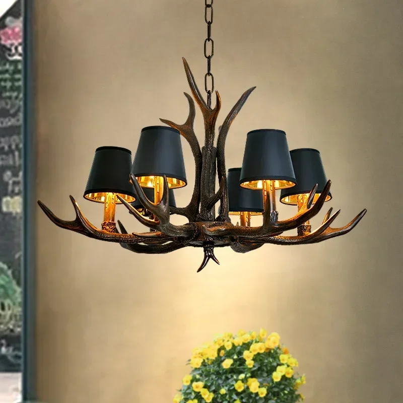 American Retro Chandeliers Restaurants Cafes Bars Artistic Creativity Deer Antlers with Lampshades Indoor Home Decoration Lights