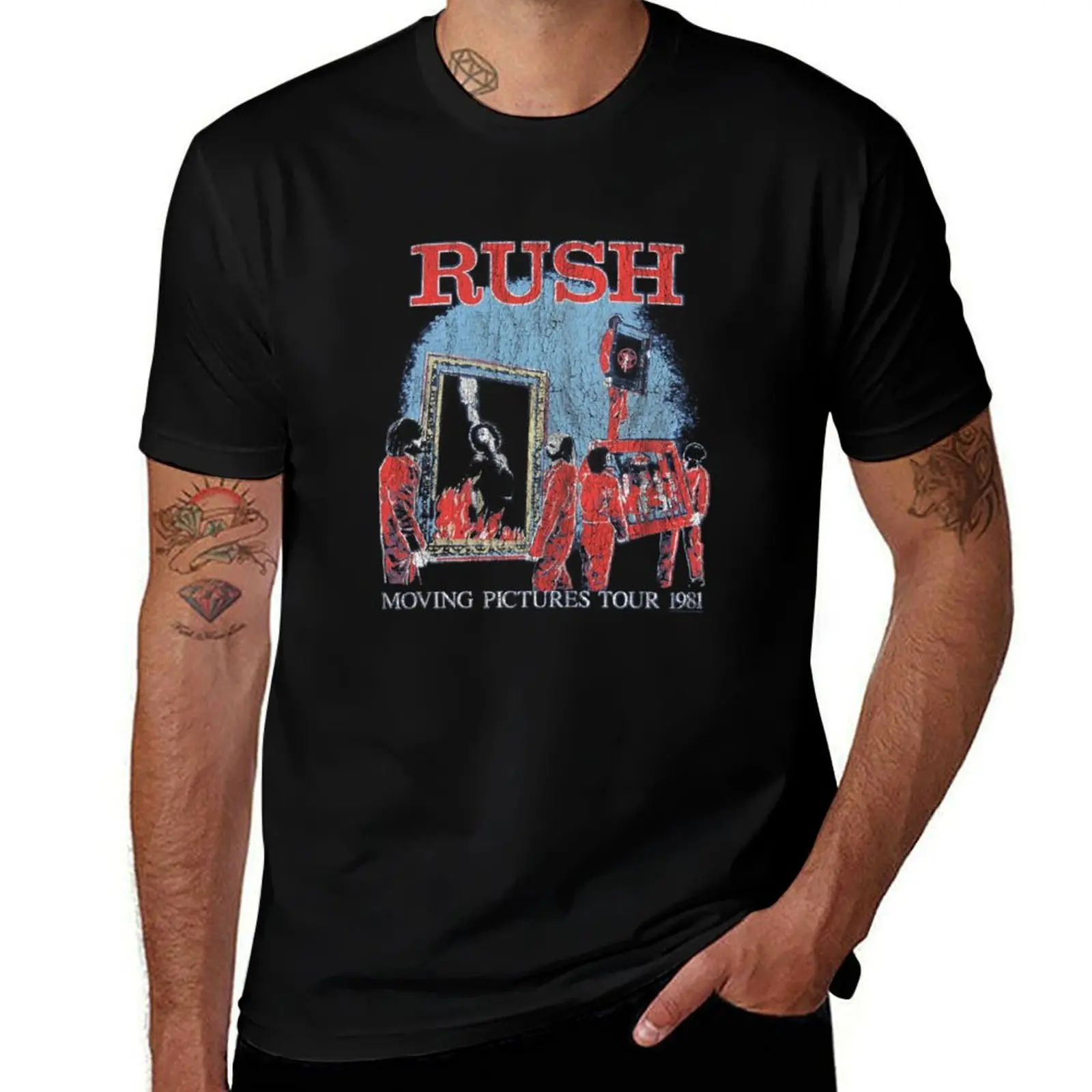 

Rush Moving Pictures Tour Rock Music Band T-Shirt Vintage Print Crew Neck Tee