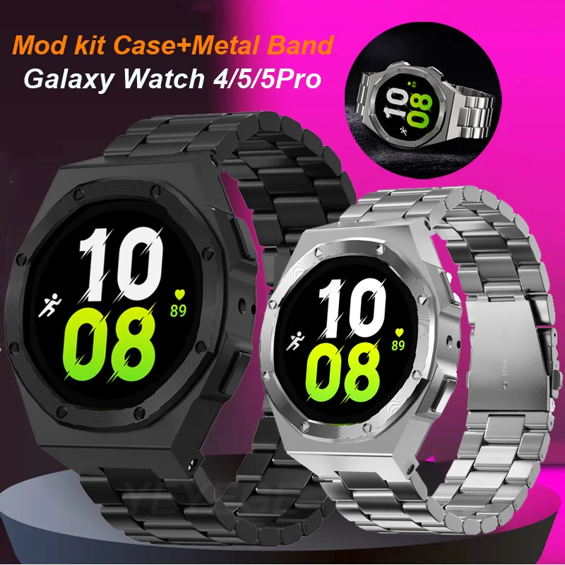 Case+Stainless Steel Strap For Samsung Galaxy Watch6 4 5 44mm Luxury Modification Kit Cover Galaxy Watch 5Pro 45mm Silicone Band