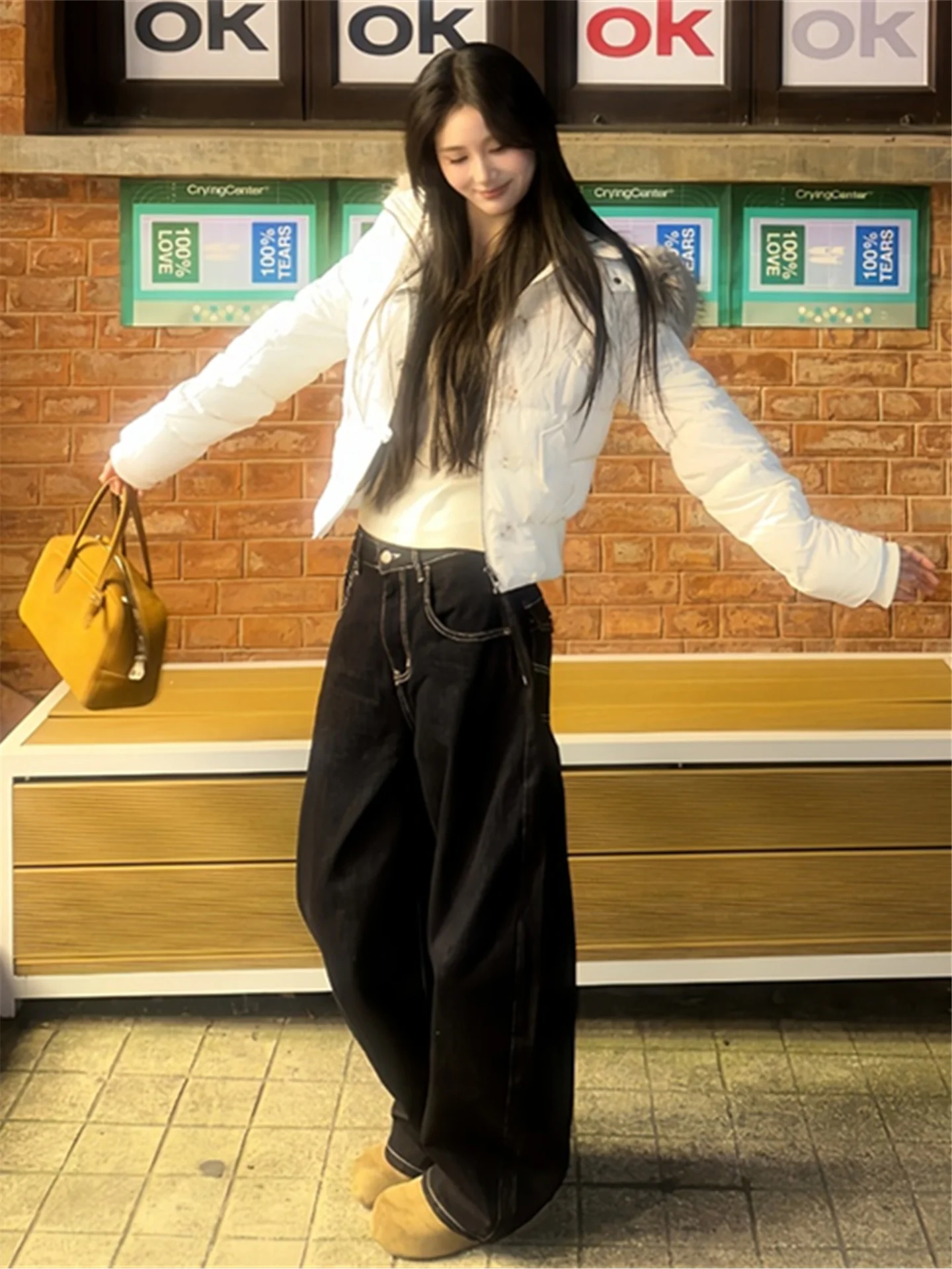 

Женские свободные джинсы с широкими штанинами, весенние, повседневные, темно-синие, из хлопка, с естественной линией талии, деконструированный силуэт, длинные брюки