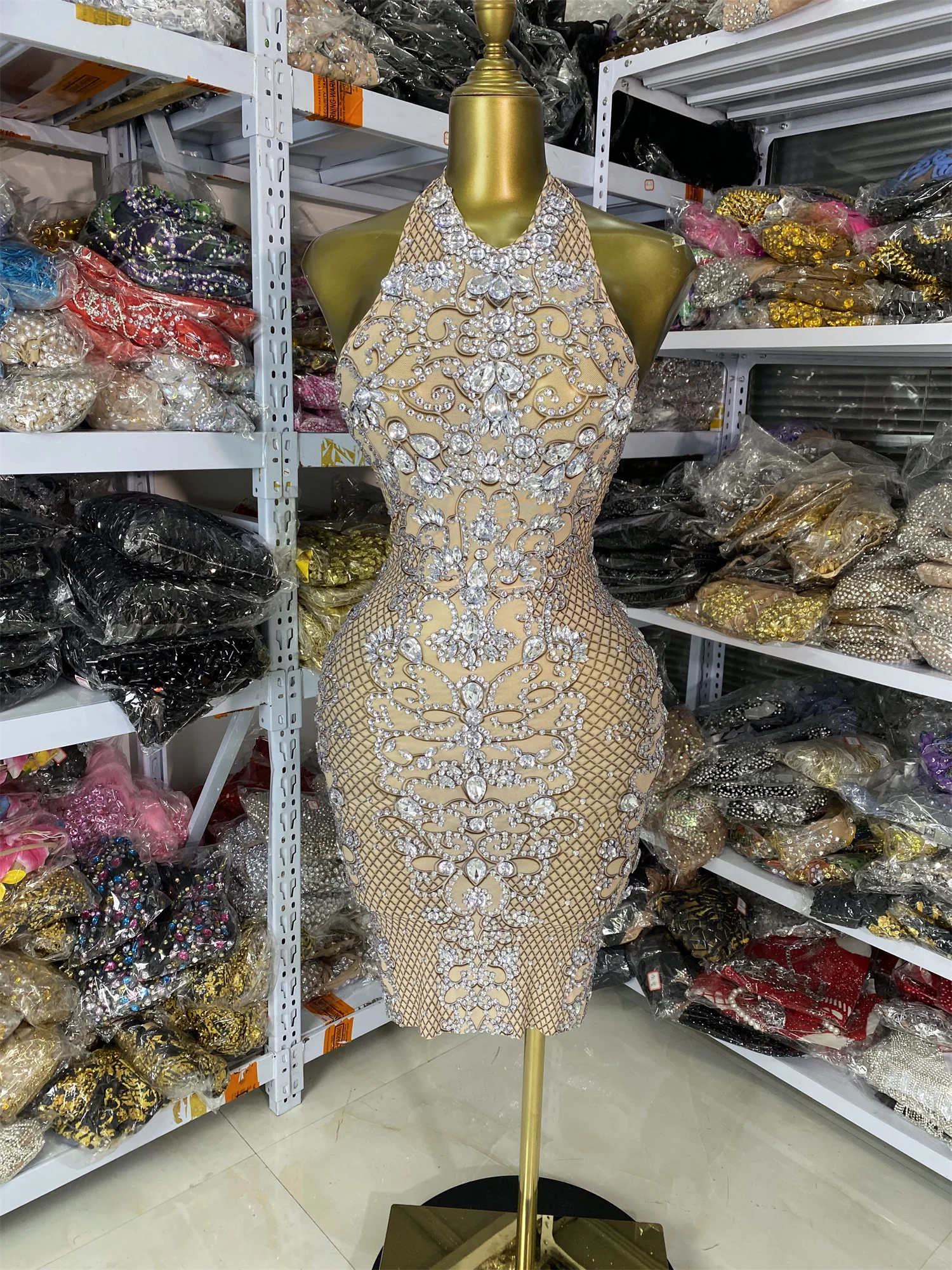 

Factory SALE Women Bright Rhinestones Print Mesh Backless Knee Length Bodycon Celebrity Evening Club Party Dress Guest Loooking