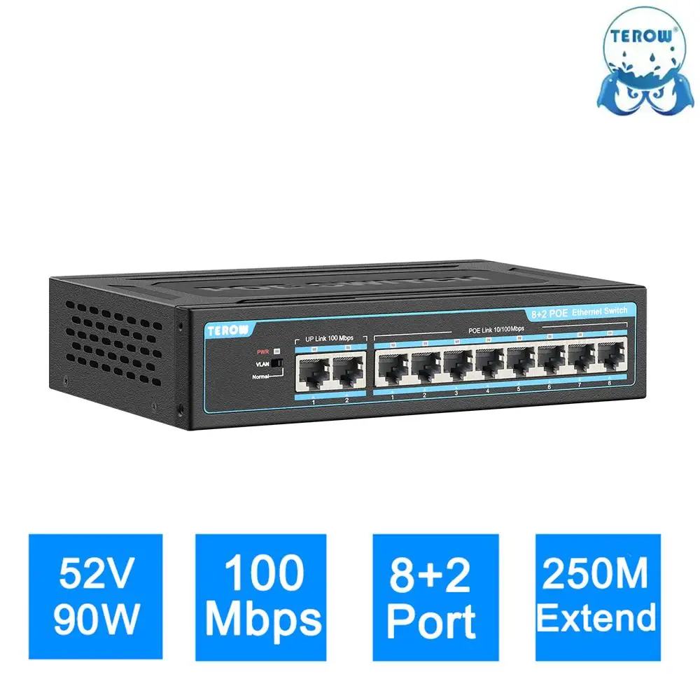 TEROW POE 10 Cổng 100Mbps Ethernet Công Tắc Thông Minh 93W 8 + 2 Đường Lên Với Quyền Lực Nội Bộ & Chống Sét & VLAN Cô Lập