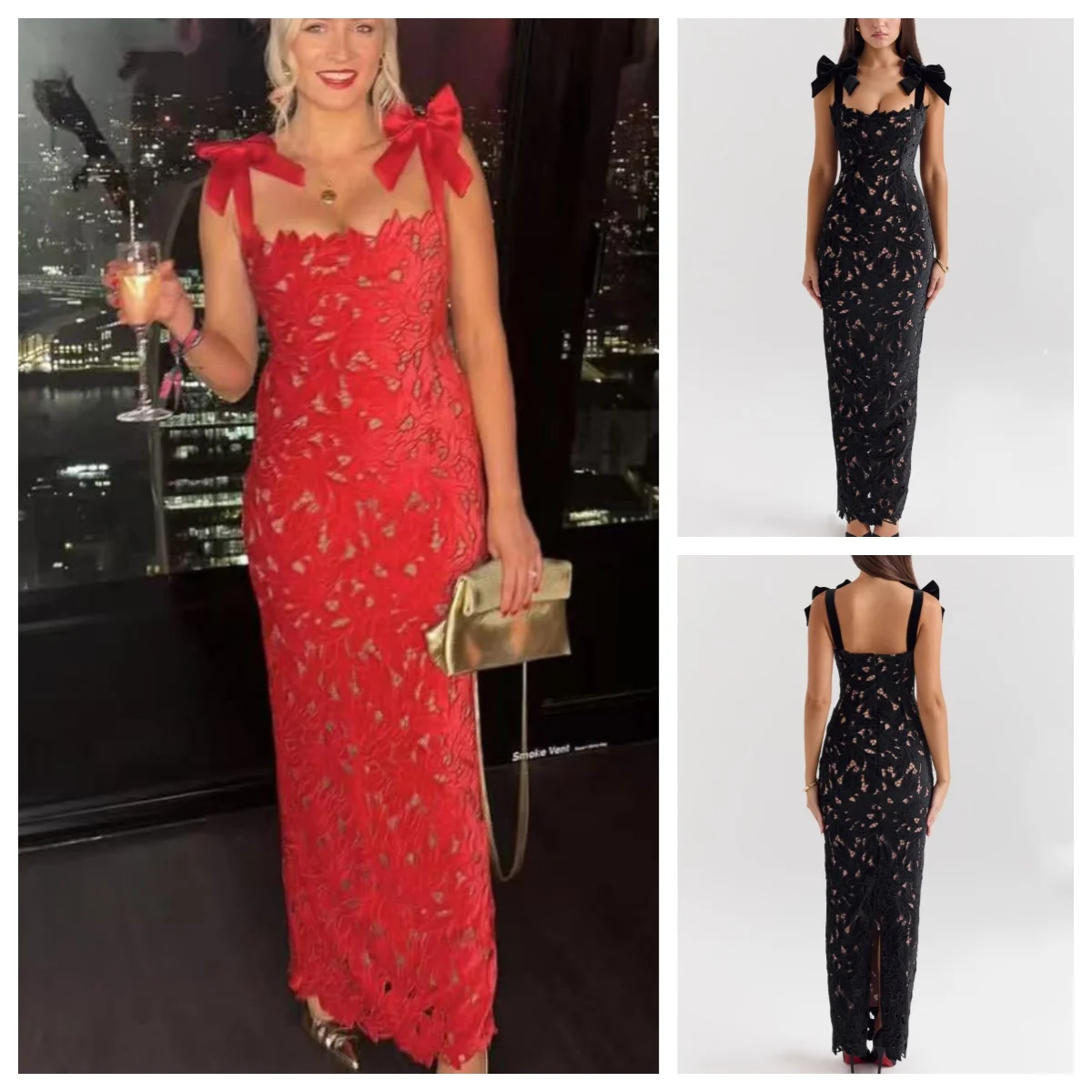 Black Embroidery Lace Dress Women Bow Strap Bodycon Maxi Dress With Slit Elegant Chic Evening Party Dresses Red Gown