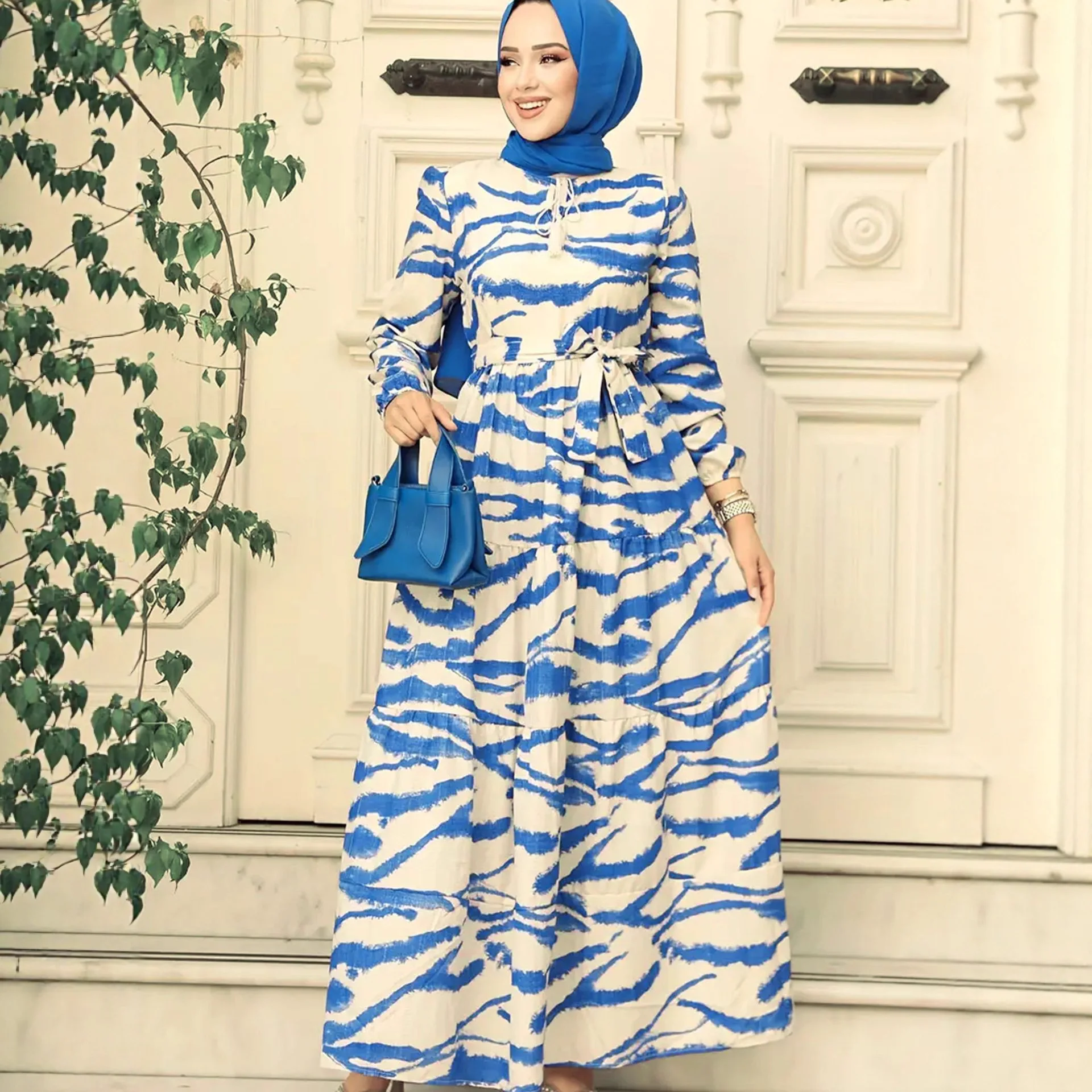 

Eid Women Dress Abaya Dubai Party Long Dresses Print Morocco Muslim Lace Up Abayas Kaftan Islam Vestidos Arab Robe Jalabiya