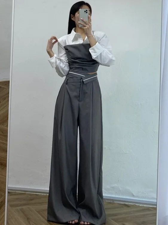 Primavera nuevo diseño de cintura alta asimétrica pada csa corta de mujer Patchwork Color bloque plones largos moda...
