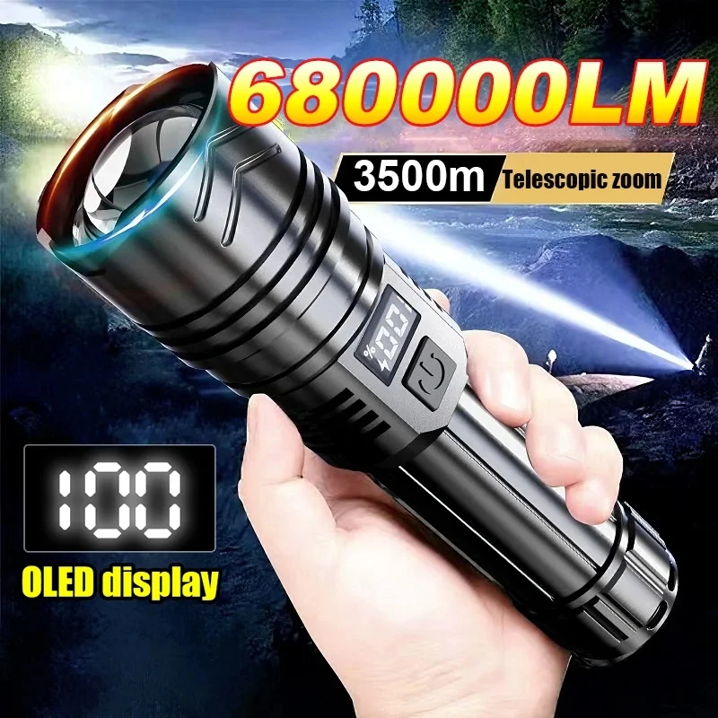 680000LM Portable Strong Light LED Flashlight Rechargeable Powerful Tactical Flashlights Zoomable Torch Outdoor Camping Fishing