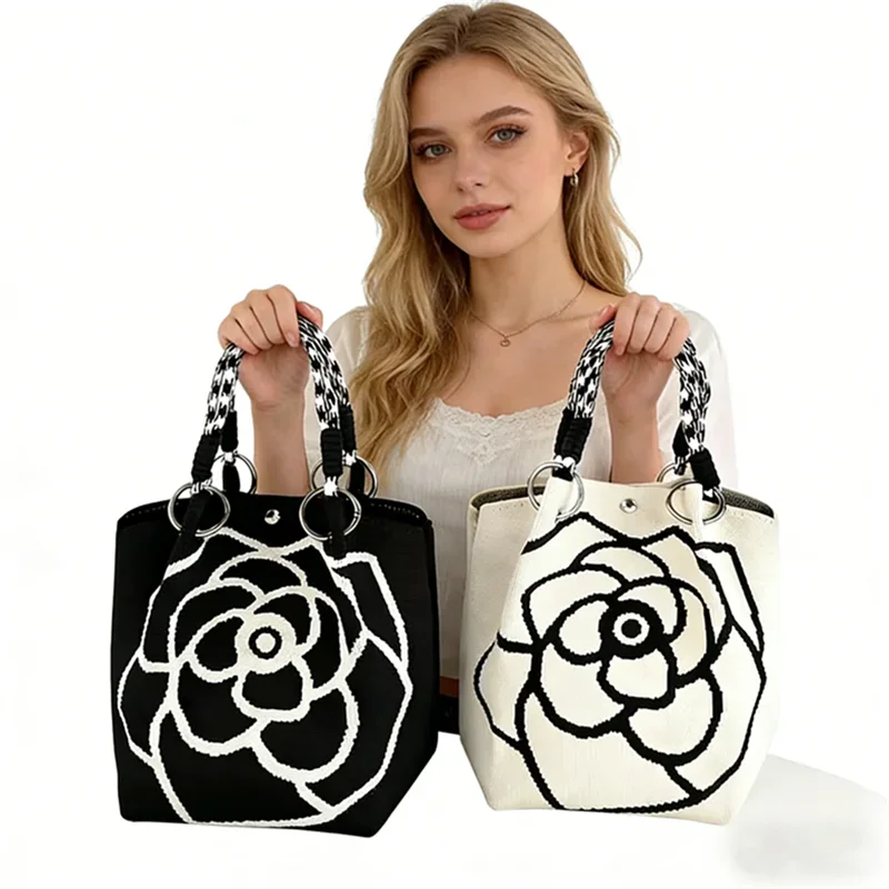 Chic Camellia Flower Knitted Tote Bags, Large Capacity Weave Handbag Shoulder Bags for Women Daily Use Perfect Fashion Companion