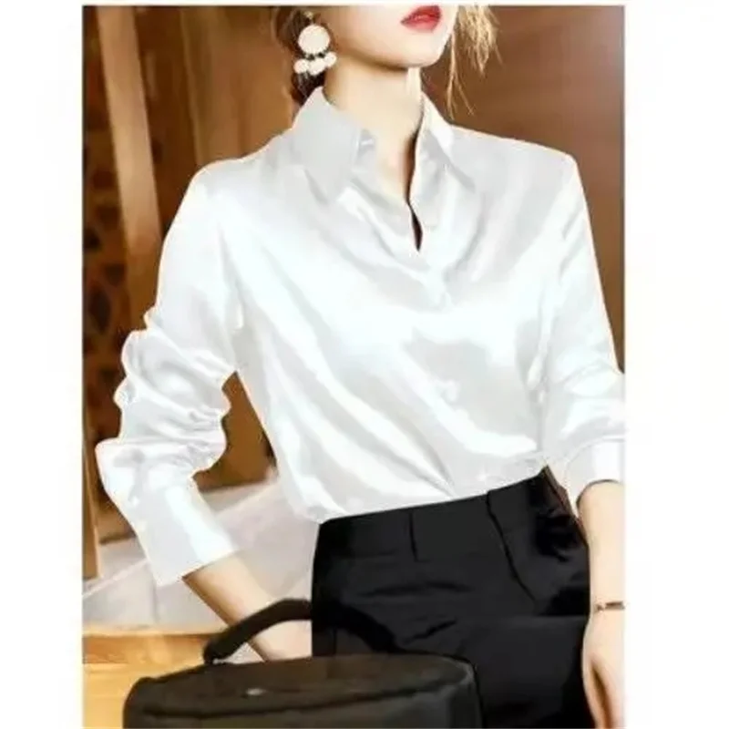 2025 moda feminina francesa mangas compridas camisa de alta qualidade mulheres crepe cetim camisas primavera verão senhoras solto cardigan blusa topo